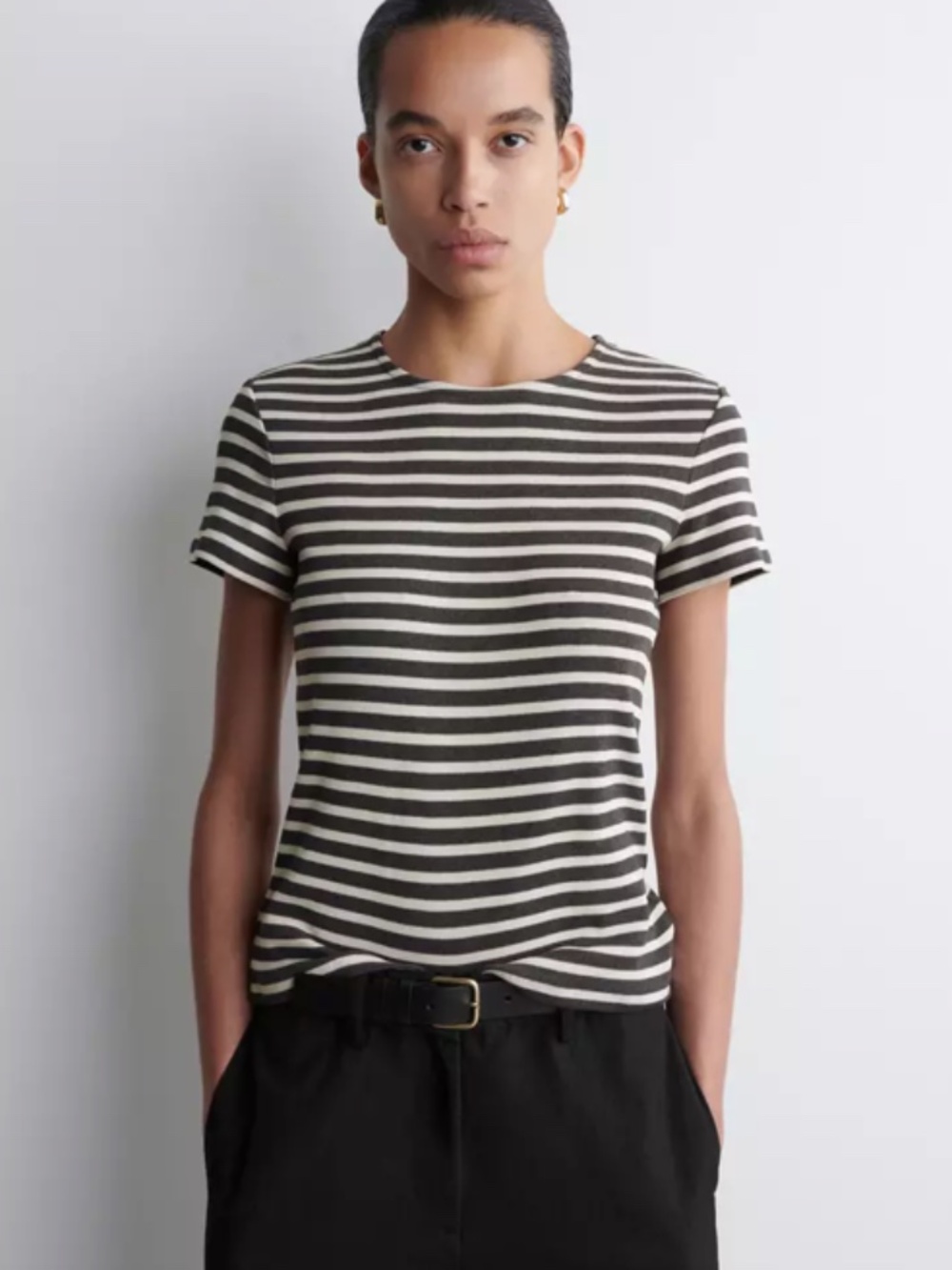 COS Shrunken Slim Ribbed T-Shirt Women's Size Large Striped Cotton (Z)